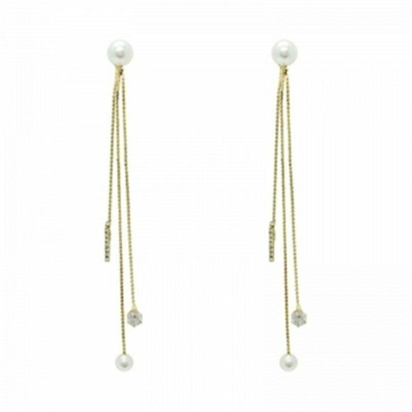 Modest Pearl Crystal Gold Dangle Drop Tassel Stud Earring Earrings Charm CZ - Picture 7 of 7